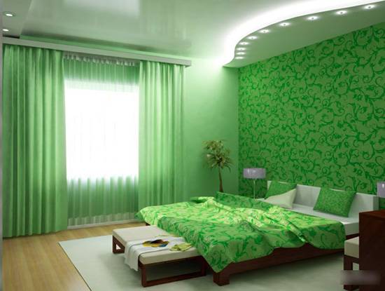 Оформление спальни в зеленых тонах - фото